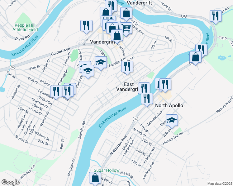 map of restaurants, bars, coffee shops, grocery stores, and more near 428 Kennedy Avenue in Vandergrift