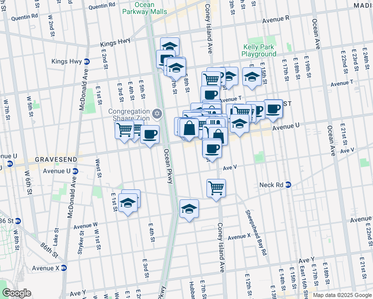 map of restaurants, bars, coffee shops, grocery stores, and more near 2171 East 7th Street in Brooklyn