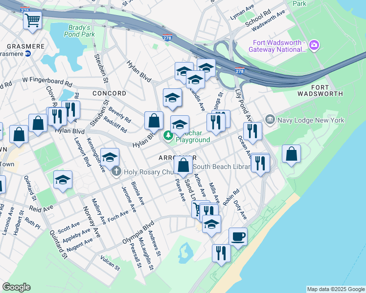 map of restaurants, bars, coffee shops, grocery stores, and more near 96 Macfarland Avenue in Staten Island