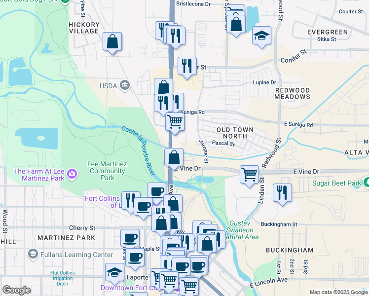 map of restaurants, bars, coffee shops, grocery stores, and more near 742 North College Avenue in Fort Collins
