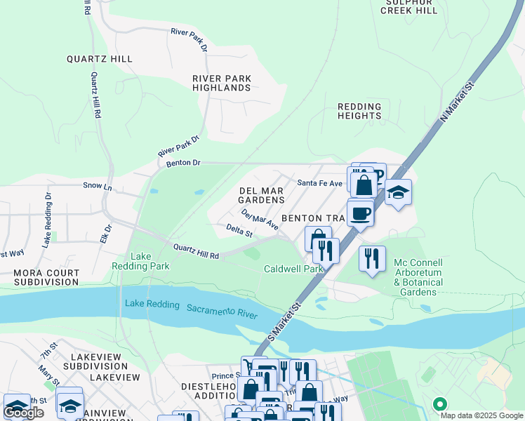 map of restaurants, bars, coffee shops, grocery stores, and more near 840 Christine Avenue in Redding