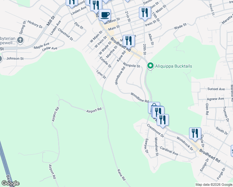 map of restaurants, bars, coffee shops, grocery stores, and more near 2508 Woodbine Road in Aliquippa
