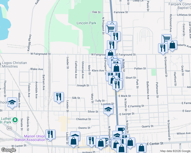 map of restaurants, bars, coffee shops, grocery stores, and more near 535 Oak Street in Marion