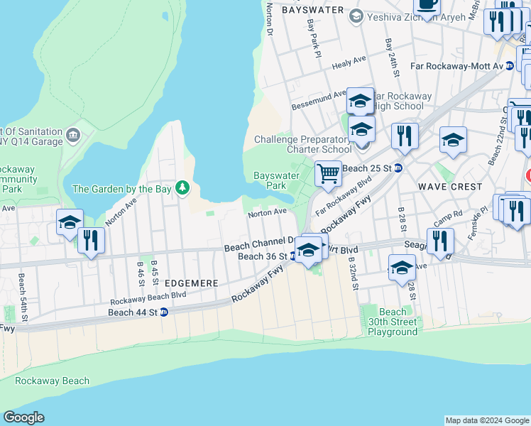 map of restaurants, bars, coffee shops, grocery stores, and more near 4-50 Beach 37th Street in Queens