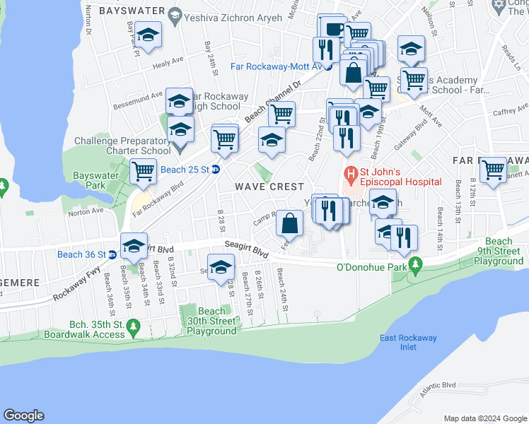 map of restaurants, bars, coffee shops, grocery stores, and more near 23-28 Camp Road in Queens