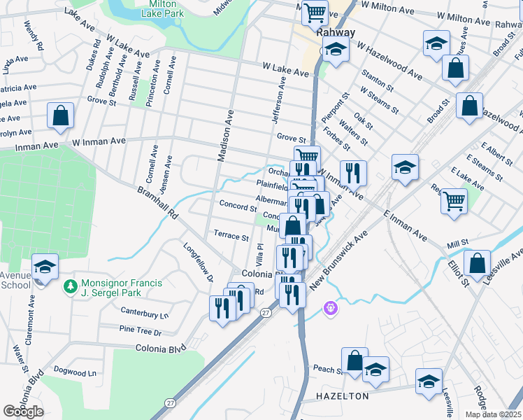 map of restaurants, bars, coffee shops, grocery stores, and more near 283 Jefferson Avenue in Rahway