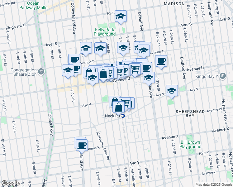 map of restaurants, bars, coffee shops, grocery stores, and more near 2155 E 15th St in Brooklyn