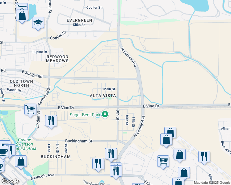 map of restaurants, bars, coffee shops, grocery stores, and more near 1023 Main Street in Fort Collins
