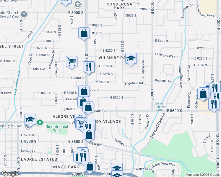 map of restaurants, bars, coffee shops, grocery stores, and more near 831 Vics Road in Sandy