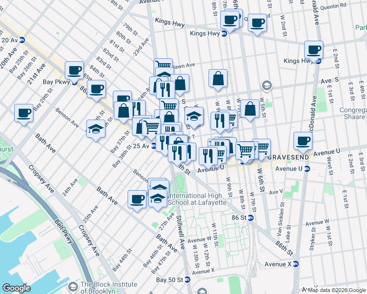 map of restaurants, bars, coffee shops, grocery stores, and more near 2019 West 13th Street in Brooklyn
