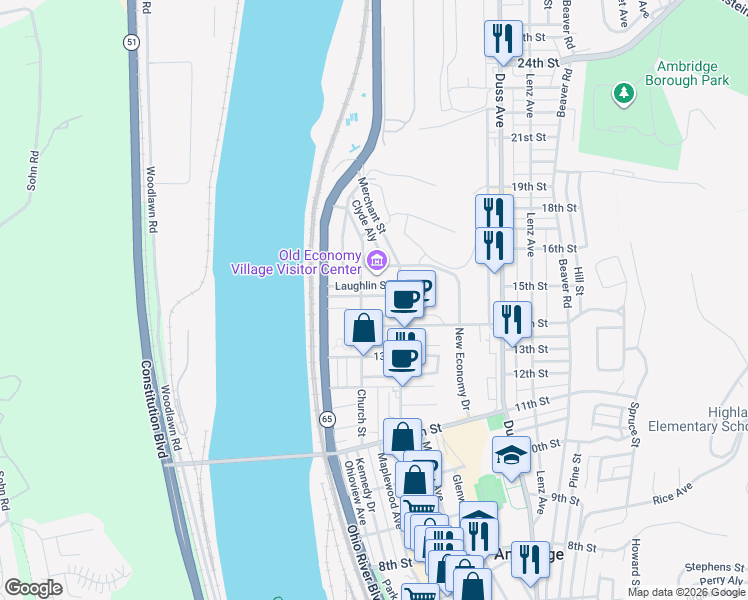 map of restaurants, bars, coffee shops, grocery stores, and more near 270 15th Street in Ambridge