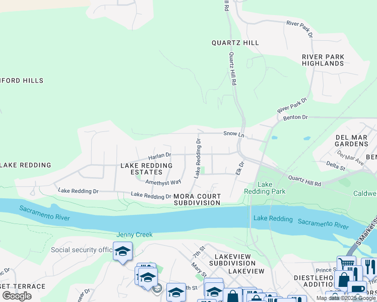 map of restaurants, bars, coffee shops, grocery stores, and more near 2570 Harlan Drive in Redding