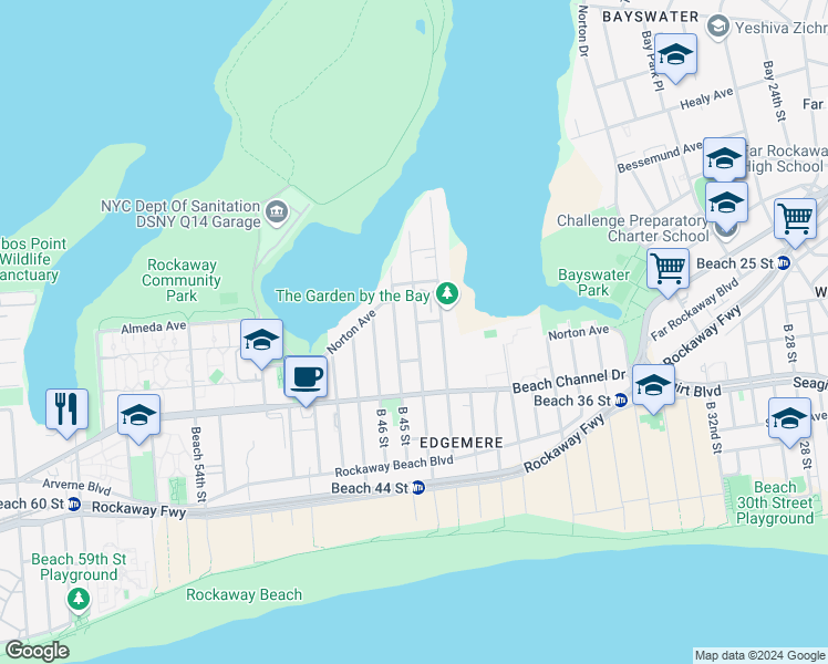 map of restaurants, bars, coffee shops, grocery stores, and more near 8 Beach 44th Street in Queens