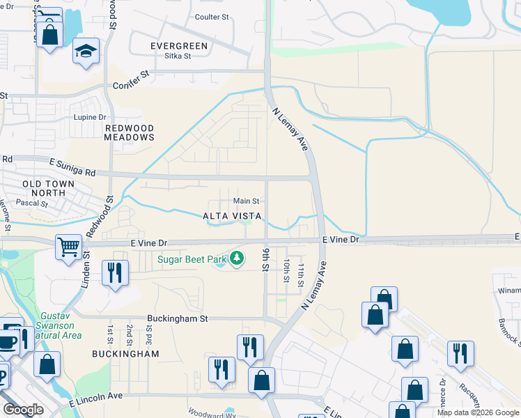 map of restaurants, bars, coffee shops, grocery stores, and more near 1023 Main Street in Fort Collins