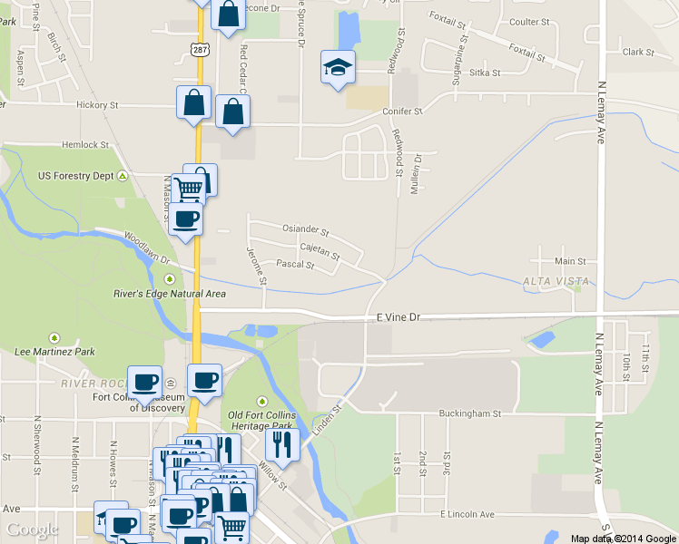 map of restaurants, bars, coffee shops, grocery stores, and more near 803 Heschel Street in Fort Collins