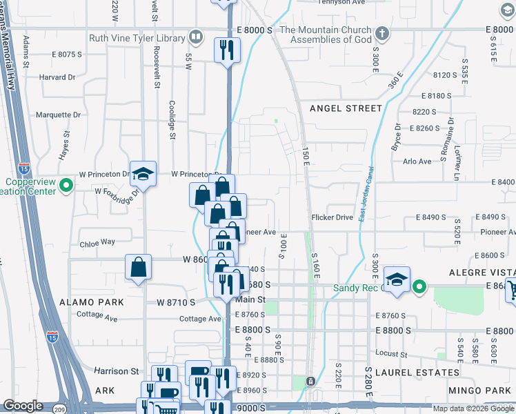 map of restaurants, bars, coffee shops, grocery stores, and more near 26 Mars Way in Sandy