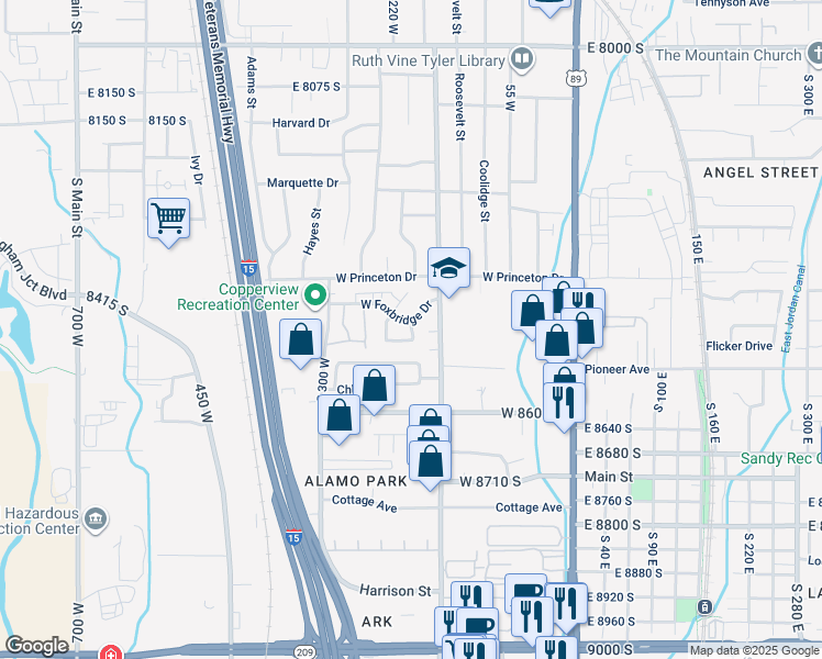 map of restaurants, bars, coffee shops, grocery stores, and more near 187 Foxbridge Drive in Midvale