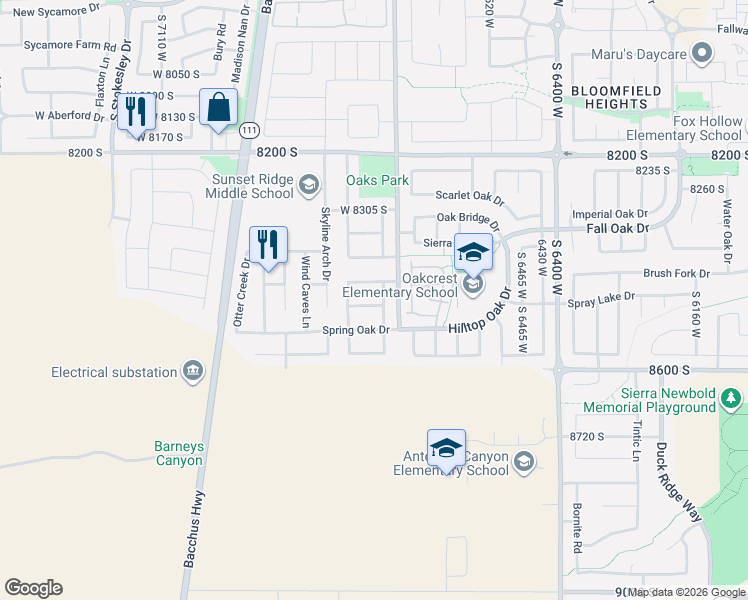 map of restaurants, bars, coffee shops, grocery stores, and more near 6744 Scrub Oak Drive in West Jordan