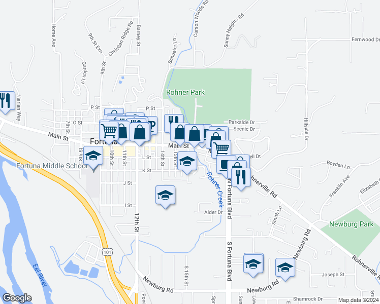 map of restaurants, bars, coffee shops, grocery stores, and more near 624 16th Street in Fortuna