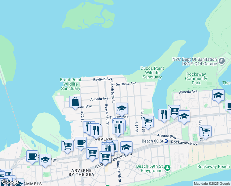 map of restaurants, bars, coffee shops, grocery stores, and more near 6-17 Beach 67th Street in Queens