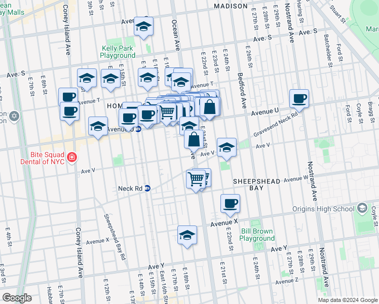 map of restaurants, bars, coffee shops, grocery stores, and more near 2630 Ocean Avenue in Brooklyn