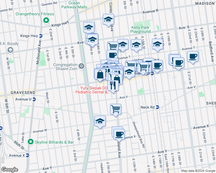 map of restaurants, bars, coffee shops, grocery stores, and more near 2126 East 9th Street in Brooklyn