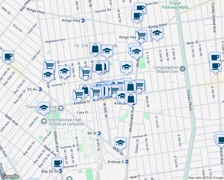map of restaurants, bars, coffee shops, grocery stores, and more near 2062 West 5th Street in Brooklyn