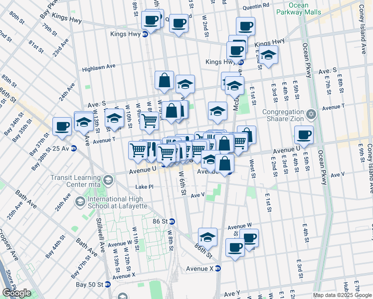 map of restaurants, bars, coffee shops, grocery stores, and more near 2062 West 5th Street in Brooklyn