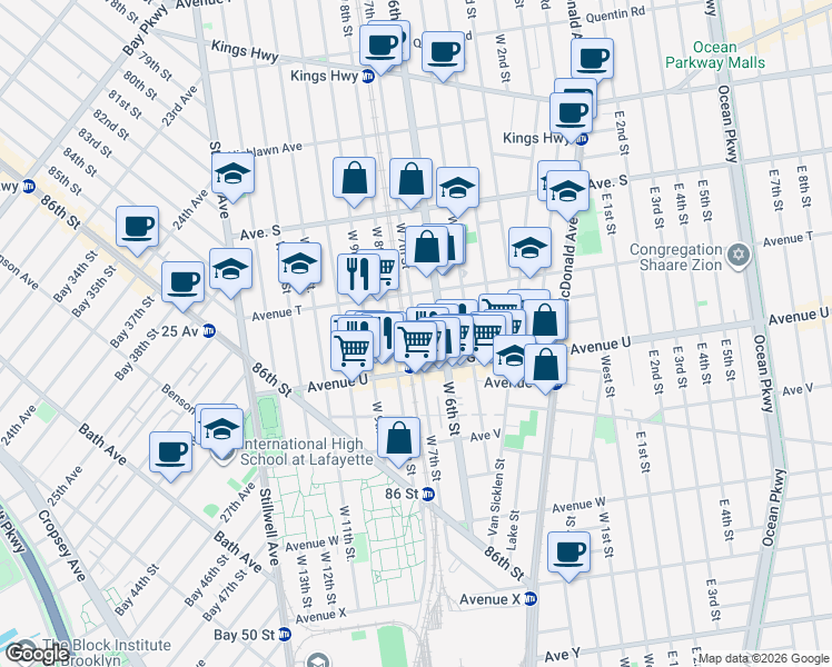 map of restaurants, bars, coffee shops, grocery stores, and more near 2049 West 7th Street in Brooklyn