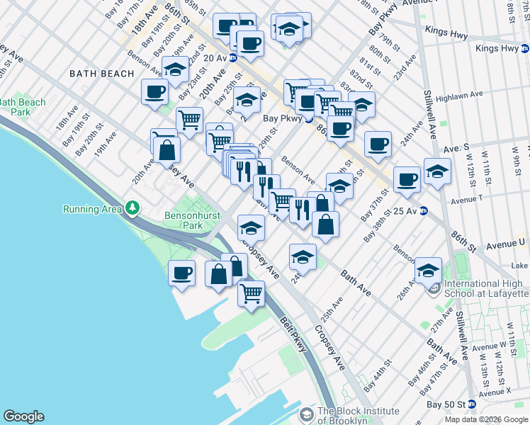 map of restaurants, bars, coffee shops, grocery stores, and more near 180 Bay 32nd Street in Brooklyn
