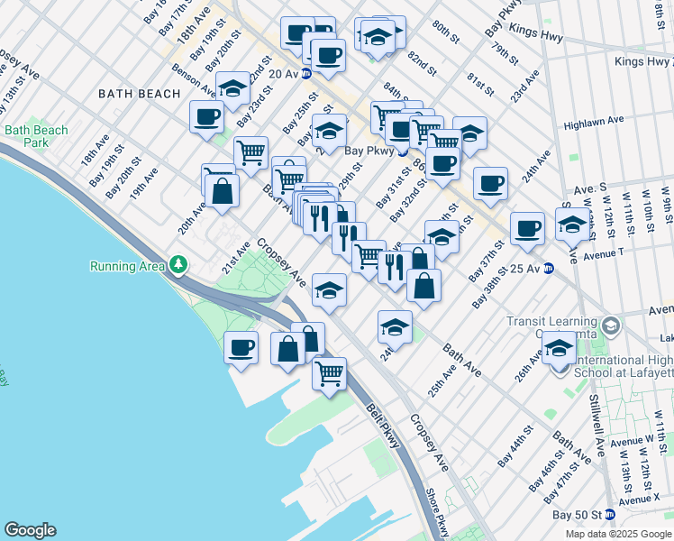 map of restaurants, bars, coffee shops, grocery stores, and more near 180 Bay 32nd Street in Brooklyn