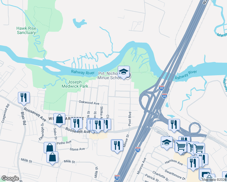 map of restaurants, bars, coffee shops, grocery stores, and more near 79 George Street in Carteret