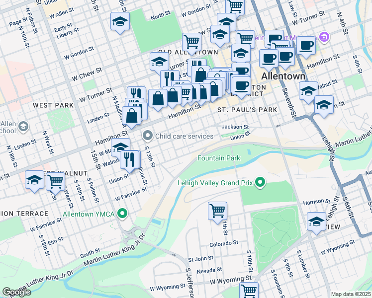 map of restaurants, bars, coffee shops, grocery stores, and more near 1137 Spring Garden Street in Allentown