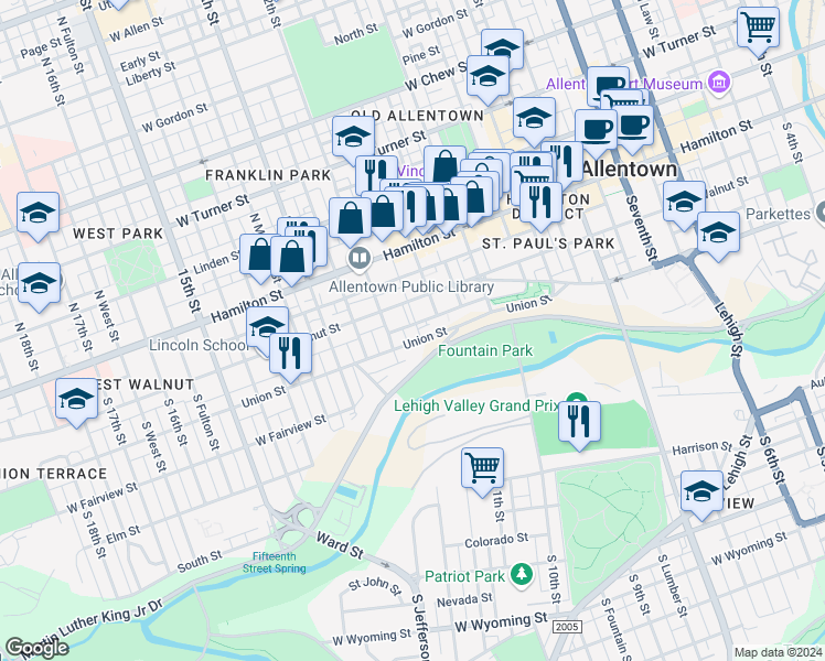 map of restaurants, bars, coffee shops, grocery stores, and more near 1137 Spring Garden Street in Allentown