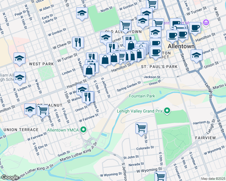 map of restaurants, bars, coffee shops, grocery stores, and more near 1214 Hickory Street in Allentown