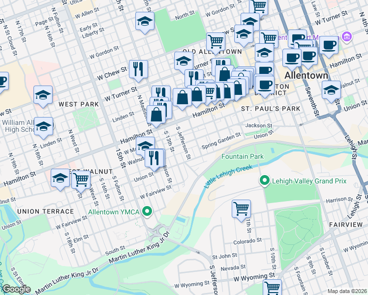 map of restaurants, bars, coffee shops, grocery stores, and more near 1214 Hickory Street in Allentown