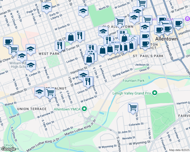 map of restaurants, bars, coffee shops, grocery stores, and more near 1250 Walnut Street in Allentown