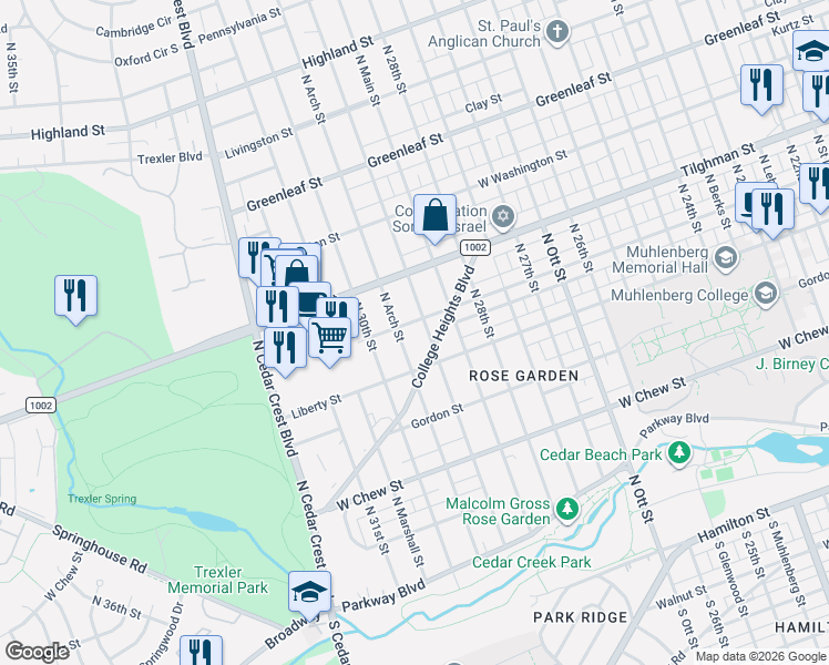 map of restaurants, bars, coffee shops, grocery stores, and more near 2918 Allen Street in Allentown