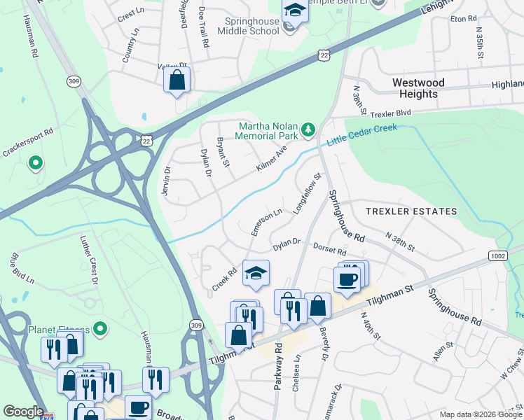 map of restaurants, bars, coffee shops, grocery stores, and more near 958 Little Cedar Court in Allentown