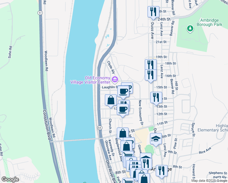 map of restaurants, bars, coffee shops, grocery stores, and more near 262 15th Street in Ambridge