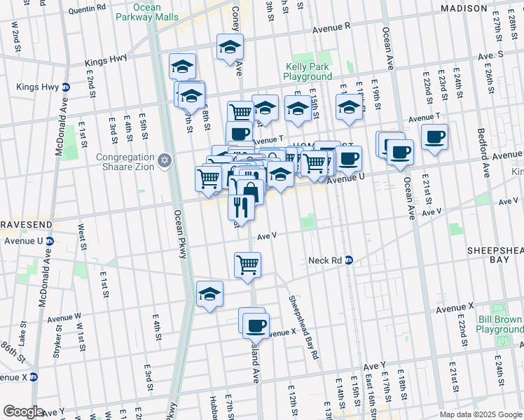 map of restaurants, bars, coffee shops, grocery stores, and more near 2134 East 12th Street in Brooklyn