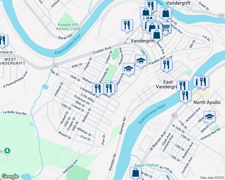 map of restaurants, bars, coffee shops, grocery stores, and more near 542 Hancock Avenue in Vandergrift