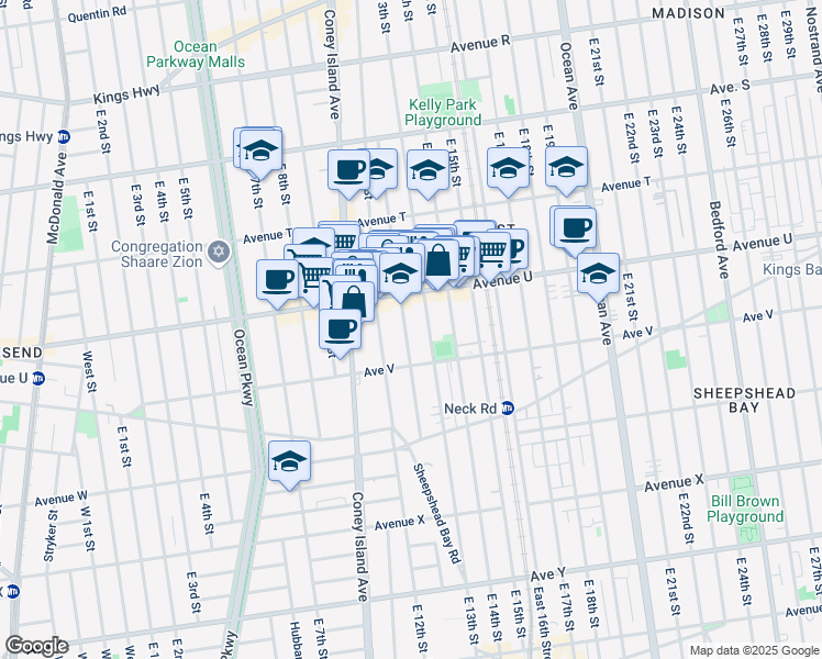map of restaurants, bars, coffee shops, grocery stores, and more near 2141 Homecrest Avenue in Brooklyn