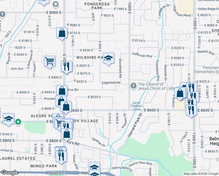 map of restaurants, bars, coffee shops, grocery stores, and more near 907 Vics Road in Sandy