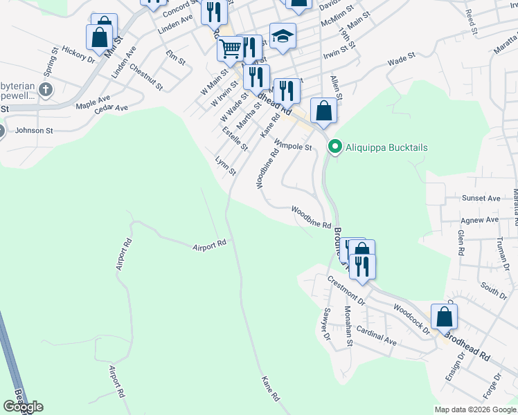 map of restaurants, bars, coffee shops, grocery stores, and more near 2508 Woodbine Road in Aliquippa