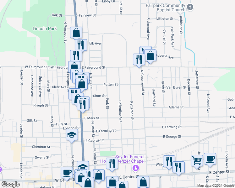 map of restaurants, bars, coffee shops, grocery stores, and more near 525 Ballentine Avenue in Marion