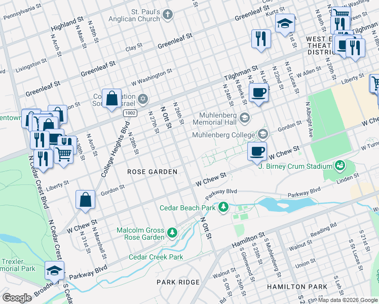 map of restaurants, bars, coffee shops, grocery stores, and more near 422 North 26th Street in Allentown