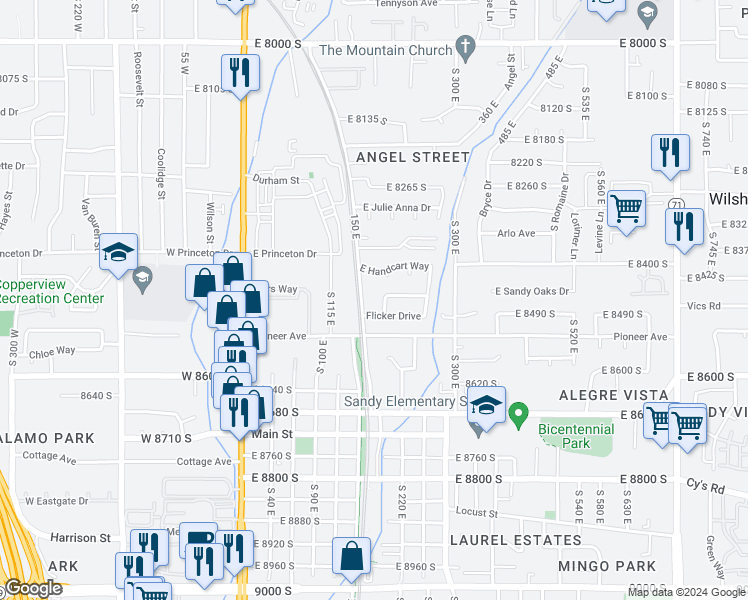 map of restaurants, bars, coffee shops, grocery stores, and more near 8458 Saint Germain Way in Sandy