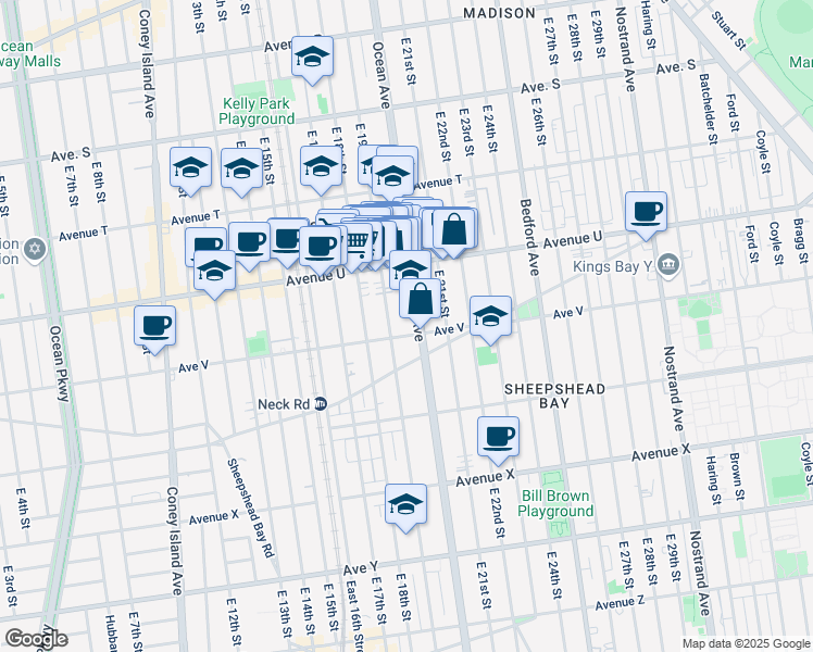 map of restaurants, bars, coffee shops, grocery stores, and more near 2630 Ocean Avenue in Brooklyn