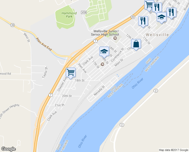 map of restaurants, bars, coffee shops, grocery stores, and more near 1730 Commerce Street in Wellsville